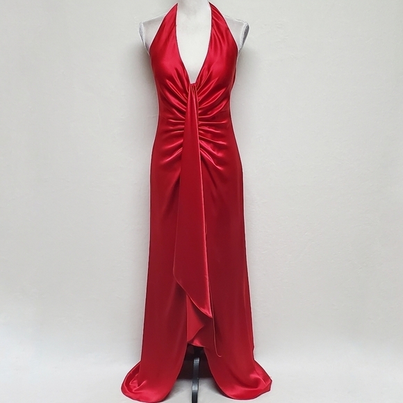 Vintage 90s ABS Evening Red Charmeuse Satin Halter Plunging Neckline Maxi Dress - Picture 4 of 15